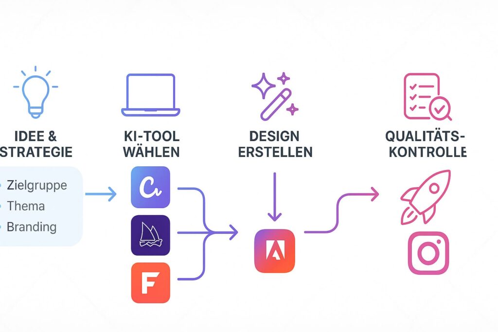 workflow-diagramm-instagram-reel-cover-erstellen-prozess Instagram Reel Cover mit KI erstellen - Workflow-Diagramm zeigt 5-Schritte-Prozess von der Idee bis zum fertigen Instagram Reel Cover mit KI-Tools
