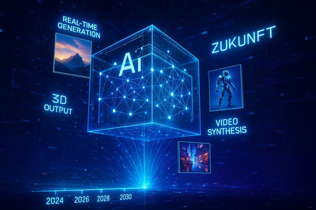 zukunft-ki-bildgenerierung-technologie-trends-2025-hologramm Futuristische Visualisierung der Zukunft von KI Bildgenerierung - Trends und Technologie 2025-2030
